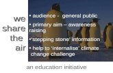 An education initiative audience - general public primary aim – awareness raising stepping stone information help to internalise climate change challenge.