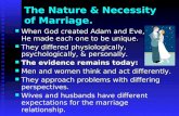 The Nature & Necessity of Marriage. When God created Adam and Eve, He made each one to be unique. When God created Adam and Eve, He made each one to be.