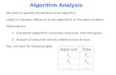 Input sizeTime I1I1 T1T1 I2I2 T2T2 …… Algorithm Analysis We want to quantify the behavior of an algorithm. Useful to compare efficiency of two algorithms.