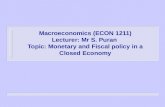 Macroeconomics (ECON 1211) Lecturer: Mr S. Puran Topic: Monetary and Fiscal policy in a Closed Economy.