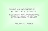 FUNDS MANAGEMENT BY BIYANI GIRLS COLLEGE: SOLUTION TO A PERSISTING OPTIMIZATION PROBLEM ANUBHAV LAMBA.