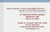 HIPAA PRIVACY RULE IMPLEMENTATION – WHATS UP AFTER 4/14/03? 8 th National HIPAA Summit Baltimore, MD March 8, 2004 Lynda A. Russell, EdD, JD, RHIA Privacy.