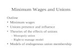 Minimum Wages and Unions Outline Minimum wages Unions presence and influence Theories of the effects of unions –Monopoly union –Right to manage model Models.
