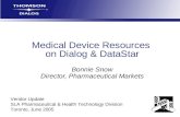 Medical Device Resources on Dialog & DataStar Bonnie Snow Director, Pharmaceutical Markets Vendor Update SLA Pharmaceutical & Health Technology Division.