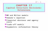 17 - 1 CHAPTER 17 Capital Structure Decisions: Extensions MM and Miller models Hamadas equation Financial distress and agency costs Trade-off models Asymmetric.
