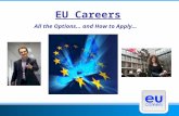 EU Careers All the Options… and How to Apply…. What can I do for the EU?? Political Advisor Aid Work...And many, many more…. Policy development Audit.