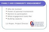 FAMILY AND COMMUNITY ENGAGEMENT Why be involved Power of parental involvement Barriers to participation What engagement looks like Building capacity Liz.