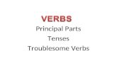 Principal Parts Tenses Troublesome Verbs. 1. Present - base formlook 2. Present Participle(am/is/are) looking 3. Pastlooked 4. Past Participle(has/have/had)