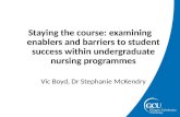 Staying the course: examining enablers and barriers to student success within undergraduate nursing programmes Vic Boyd, Dr Stephanie McKendry.