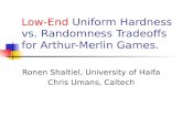 Low-End Uniform Hardness vs. Randomness Tradeoffs for Arthur-Merlin Games. Ronen Shaltiel, University of Haifa Chris Umans, Caltech.
