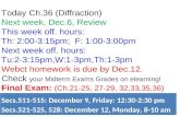 Today Ch.36 (Diffraction) Next week, Dec.6, Review This week off. hours: Th: 2:00-3:15pm; F: 1:00-3:00pm Next week off. hours: Tu:2-3:15pm,W:1-3pm,Th:1-3pm.