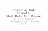 Reversing Data Formats: What Data Can Reveal by Anton Dorfman ZeroNights 0x03, Moscow, 2013.