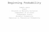 Beginning Probability Sample space Event Disjoint or Mutually Exclusive Complement of an Event Independent Events Binomial Probability Empirical vs Theoretical.