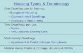 Housing Types & Terminology One Dwelling per lot homes: –Bungalow Housing – Common-wall Dwellings – Accessory Apartments Two Dwellings per Lot: – Duplex.