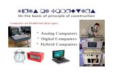 Types of Computers On the basis of principle of construction Computers are divided into three types: Analog Computers Digital Computers Hybrid Computers.