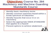 Slide 1 (of 185) Objectives Objectives Course No. 204 Machinery and Machine Guarding Standards Course Identify basic machinery terms Identify common machines.