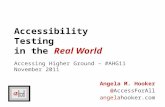 Accessibility Testing in the Real World Angela M. Hooker @AccessForAll angelahooker.com Accessing Higher Ground – #AHG11 November 2011.
