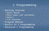 C Programming Getting Started Getting Started Hello World Hello World Data types and variables Data types and variables main() main() I/O routines I/O.