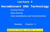Lecture 5 Recombinant DNA Technology Cloning Vectors Gene Libraries Clone Identification and Characterization Reading: Chapter 9 Molecular Biology syllabus.
