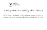 Saving Mothers Giving Life (SMGL) SMGL-SMS : applying mobile phone-based system to reduce maternal mortality in Kalomo District, Zambia.