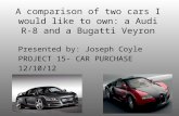 A comparison of two cars I would like to own: a Audi R-8 and a Bugatti Veyron Presented by: Joseph Coyle PROJECT 15- CAR PURCHASE 12/10/12.