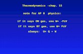 Thermodynamics -chap. 15 note for AP B physics: if it says ON gas, use W= -P V if it says BY gas, use W= P V always: U= Q + W.