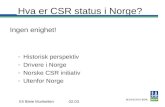 Hva er CSR status i Norge? Ingen enighet! -Historisk perspektiv -Drivere i Norge -Norske CSR initiativ -Utenfor Norge Eli Bleie Munkelien02.03.