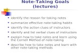 Note-Taking Goals (lectures) identify the reason for taking notes summarize effective note-taking habits identify the action clues of instructors identify.