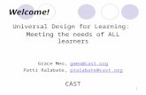 Welcome! Universal Design for Learning: Meeting the needs of ALL learners Grace Meo, gmeo@cast.orggmeo@cast.org Patti Ralabate, pralabate@cast.orgpralabate@cast.org.
