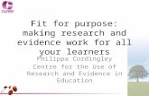Fit for purpose: making research and evidence work for all your learners Philippa Cordingley Centre for the Use of Research and Evidence in Education.
