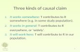 1 Three kinds of causal claim 1. It works somewhere: T contributes to R somewhere (e.g. in some study population). 2. It works in general: T contributes.