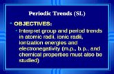 Periodic Trends (SL) u OBJECTIVES: Interpret group and period trends in atomic radii, ionic radii, ionization energies and electronegativity (m.p., b.p.,