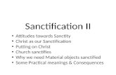 Sanctification II Attitudes towards Sanctity Christ as our Sanctification Putting on Christ Church sanctifies Why we need Material objects sanctified Some.