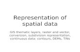 Representation of spatial data GIS thematic layers, raster and vector, conversion, subdivision representation, continuous data: contours, DEMs, TINs.