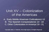 Unit XV – Colonization of the Americas A. Early Middle American Civilizations1-12 B. The Spanish Conquistadores 13 - 18 C. Other Colonization in America.