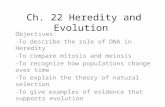 Ch. 22 Heredity and Evolution Objectives: -To describe the role of DNA in Heredity -To compare mitosis and meiosis -To recognize how populations change.