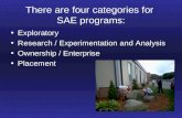 There are four categories for SAE programs: Exploratory Research / Experimentation and Analysis Ownership / Enterprise Placement.
