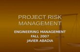 PROJECT RISK MANAGEMENT ENGINEERING MANAGEMENT FALL 2007 JAVIER ABADIA.