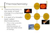 Thermochemistry Thermochemistry is the study of heat change in a chemical reaction. It is part of a broader topic called thermodynamics.  This is the.