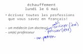 Échauffement lundi le 6 mai écrivez toutes les professions que vous savez en français! -un médecin (un docteur) -un(e) professeur.