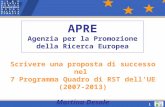 1 APRE Agenzia per la Promozione della Ricerca Europea Scrivere una proposta di successo nel 7 Programma Quadro di RST dell’UE (2007-2013) Martina Desole.