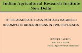 THREE-ASSOCIATE CLASS PARTIALLY BALANCED  INCOMPLETE BLOCK DESIGNS IN TWO REPLICATES BY SUMEET SAURAV