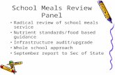 School Meals Review Panel Radical review of school meals service Nutrient standards/food based guidance Infrastructure audit/upgrade Whole school approach.