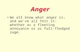 Anger We all know what anger is, and we've all felt it: whether as a fleeting annoyance or as full-fledged rage.
