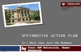 AFFIRMATIVE ACTION PLAN AFFIRMATIVE ACTION PLAN It’s More than Just the Numbers Texas A&M University, Human Resources DIVISION OF FINANCE February 29,
