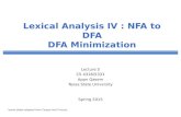 Lexical Analysis IV : NFA to DFA DFA Minimization Lecture 5 CS 4318/5331 Apan Qasem Texas State University Spring 2015 *some slides adopted from Cooper.