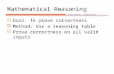 School of Computing Clemson University Mathematical Reasoning  Goal: To prove correctness  Method: Use a reasoning table  Prove correctness on all valid.
