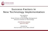 Success Factors in New Technology Implementation Pat Holahan Kai Wang Howe School of technology Management Stevens Institute of Technology HSATM Roundtable.