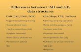 Differences between CAD and GIS data structures CAD (DXF, DWG, DGN)GIS (Shape, TAB, GeoBase) Several element typesPoint, polyline, polygon, (text) One.
