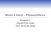 Where It Starts – Photosynthesis Chapter 7 Hsueh-Fen Juan Oct. 02 & 09, 2012.
